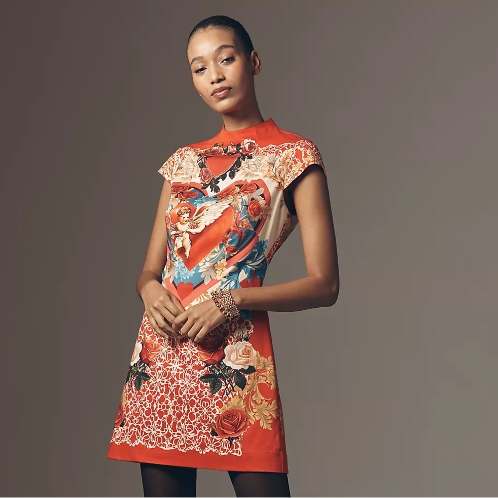 Anthropologie Maeve A line Mock Neck New Elegant Red and Blue Angel Print Dress - Picture 7 of 7